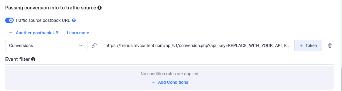 The Traffic source postback URL switched on, showing the Revcontent template's postback