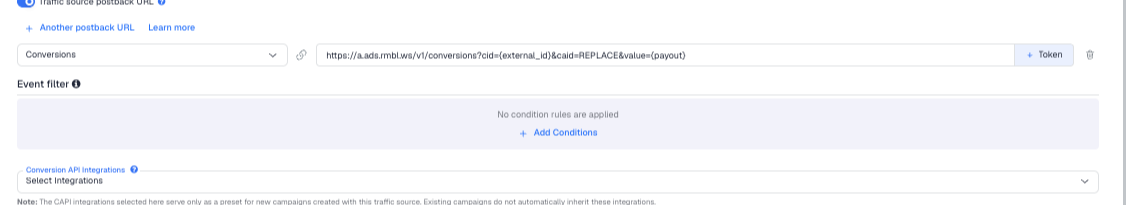 The Traffic source postback URL switched on, showing the Rumble template's postback