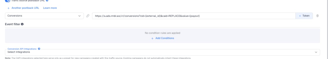 The Traffic source postback URL switched on, showing the Rumble template's postback