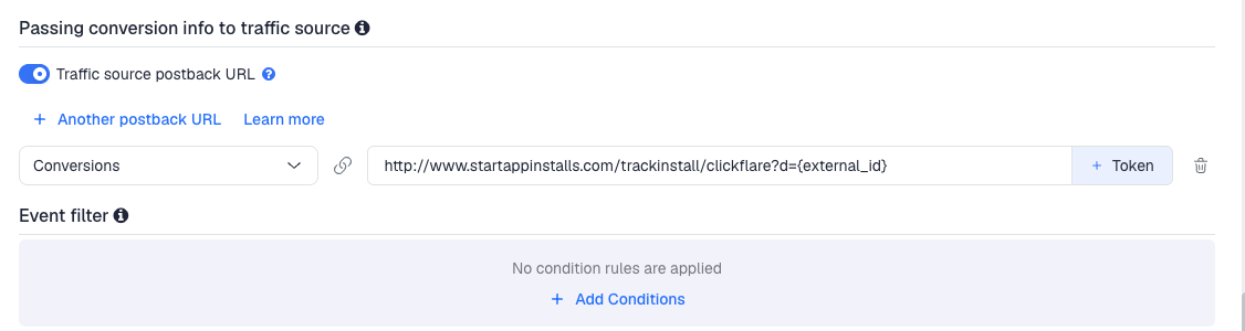 The Traffic source postback URL switched on, showing the Start.io template's postback