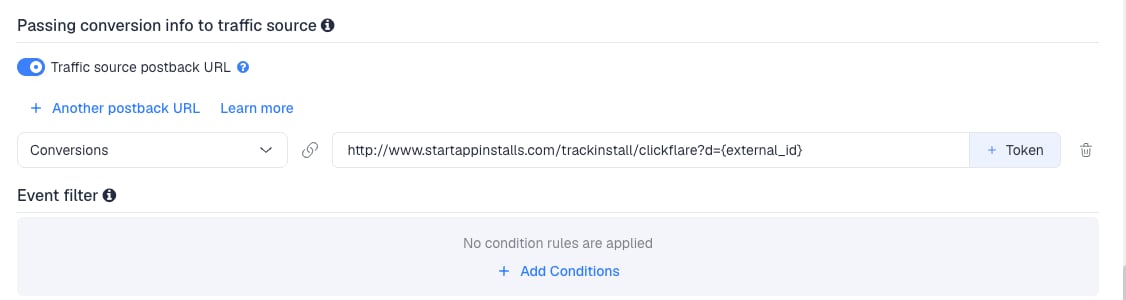 The Traffic source postback URL switched on, showing the Start.io template's postback