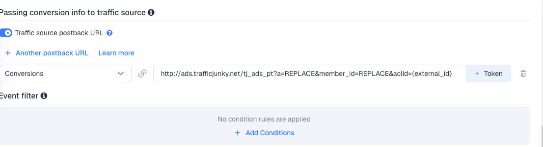 The Traffic source postback URL switched on, showing the TrafficJunky template's postback