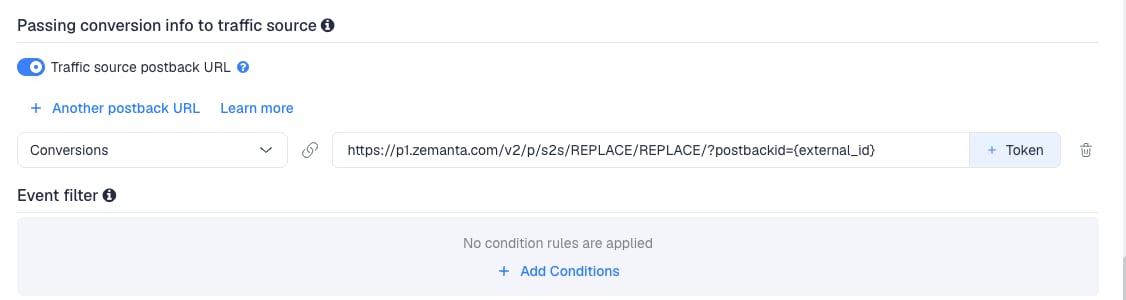 The Traffic source postback URL switched on, showing the Zemanta template's postback