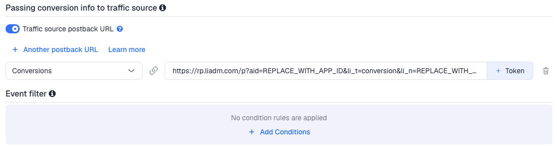 The LiveIntent postback URL in the New Traffic Source form