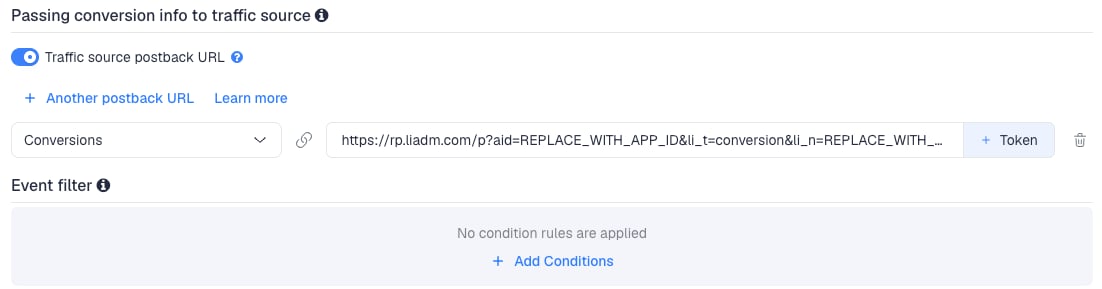 The LiveIntent postback URL in the New Traffic Source form