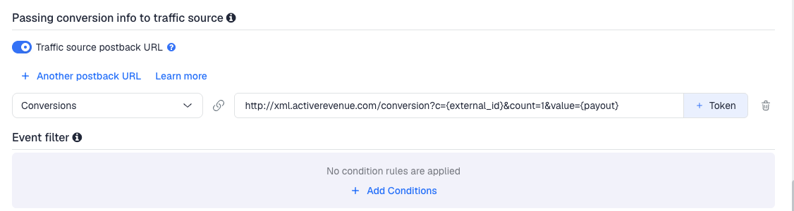 The Traffic source postback URL switched on, showing the ActiveRevenue template's postback