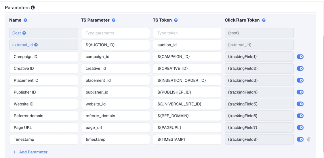 The Admixer template's Parameters table in ClickFlare, with Admixer's macros pre-filled