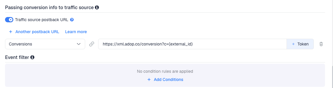 The Traffic source postback URL switched on, showing the AdOperator template's postback