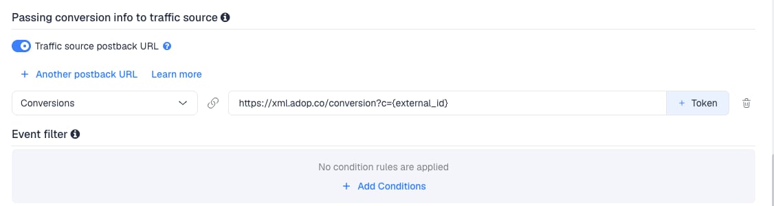 The Traffic source postback URL switched on, showing the AdOperator template's postback