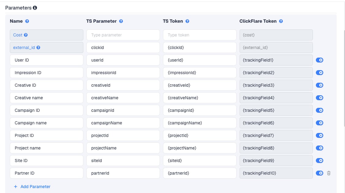 The ADxAD template's Parameters table in ClickFlare, with ADxAD's macros pre-filled