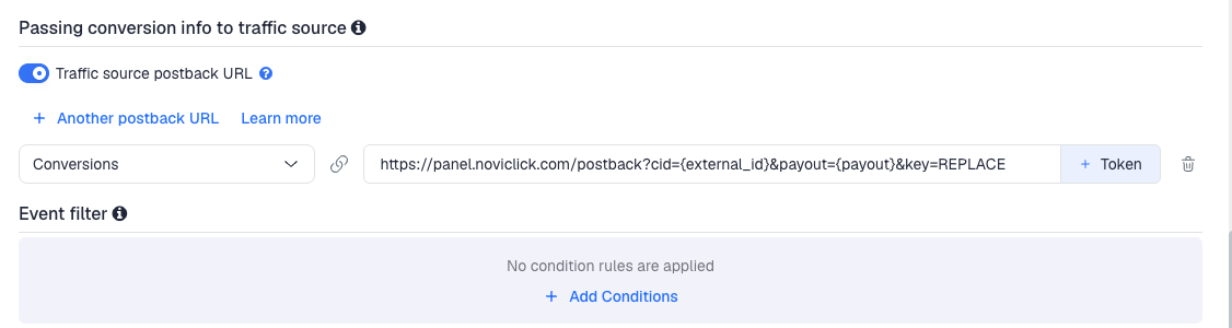 The Traffic source postback URL switched on, showing the Noviclick template's postback
