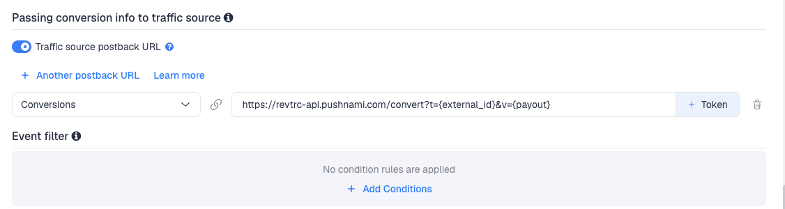 The Traffic source postback URL switched on, showing the Pushnami Ads template's postback