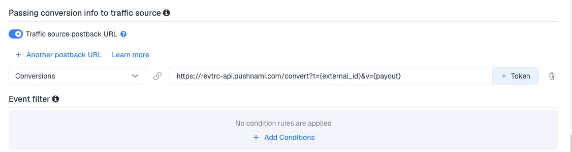 The Traffic source postback URL switched on, showing the Pushnami Ads template's postback