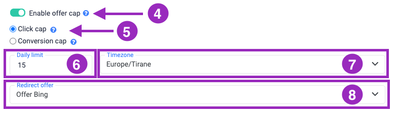 In the Redirect Offer drop-down menu, choose the offer to which traffic will be redirected once the daily conversion…