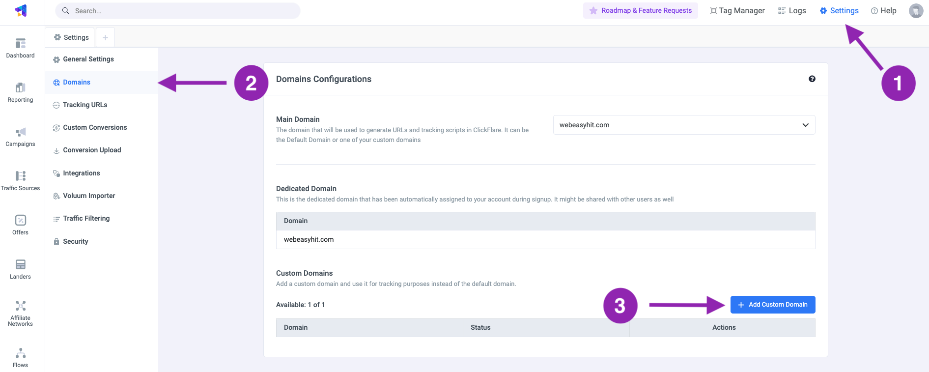 The setup in ClickFlare is pretty straightforward. Go to Settings and click on Domains in the left-side menu. Lastly…