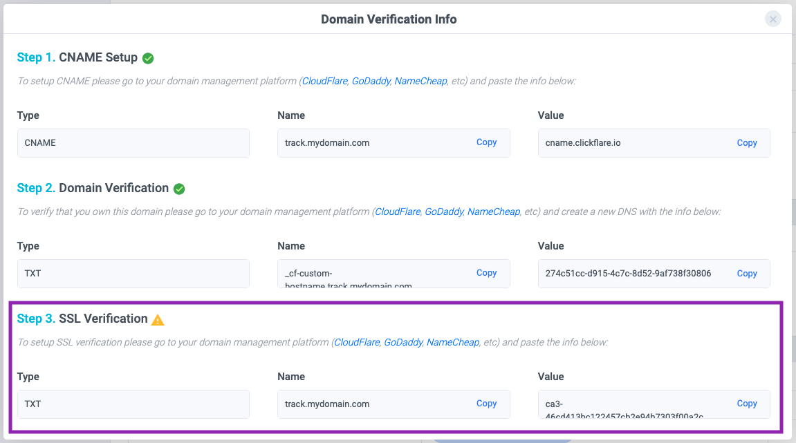 (Not needed after July 2026) Return to ClickFlare and in the Domain Verification Info window, you’ll see a third row…