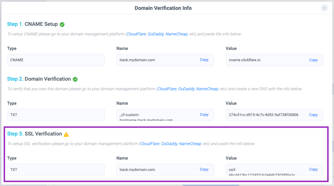(Not needed after July 2026) Return to ClickFlare and in the Domain Verification Info window, you’ll see a third row…