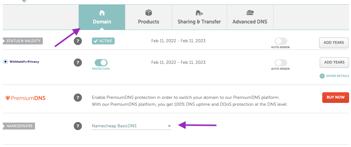On the Domain tab, make sure that Namecheap BasicDNS is selected
