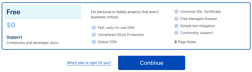 Select the plan for your CDN. For tracking, a free plan is enough. Click on Continue