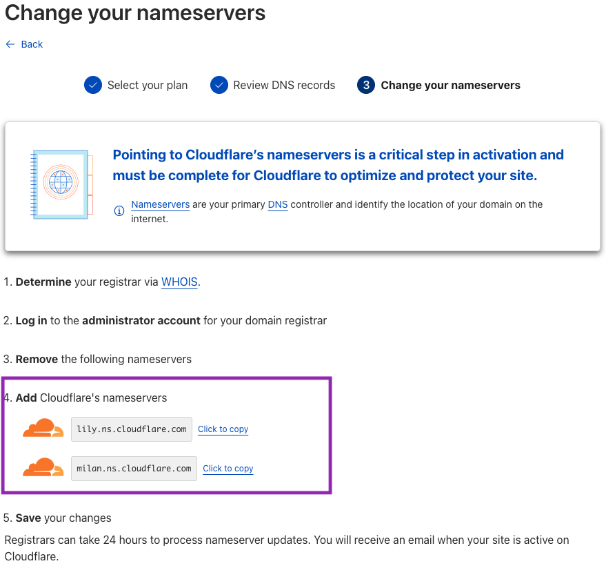 On the next page, you will be asked to change nameservers to the Cloudflare ones. Copy the nameservers, you see in the…