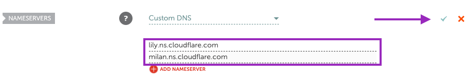 Paste the nameservers you copied on step 5, and then click on the green check mark