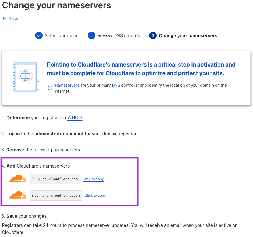 On the next page, you will be asked to change nameservers to the Cloudflare ones. Copy the nameservers, you see in the…