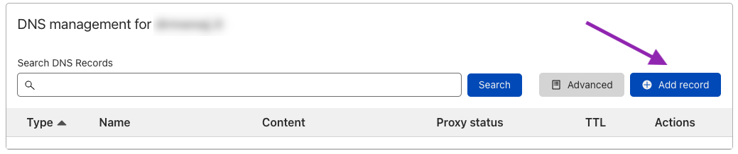 On the DNS page, you’ll see the list of all DNS records of this domain (if any). Click on the Add Record button