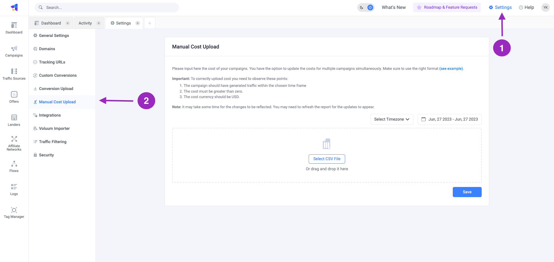 Then click on the Cost Upload tab