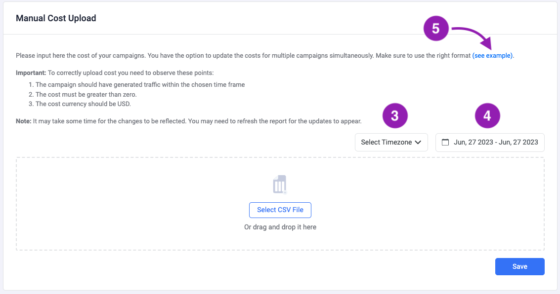 Click on See example to download the cost template CSV file