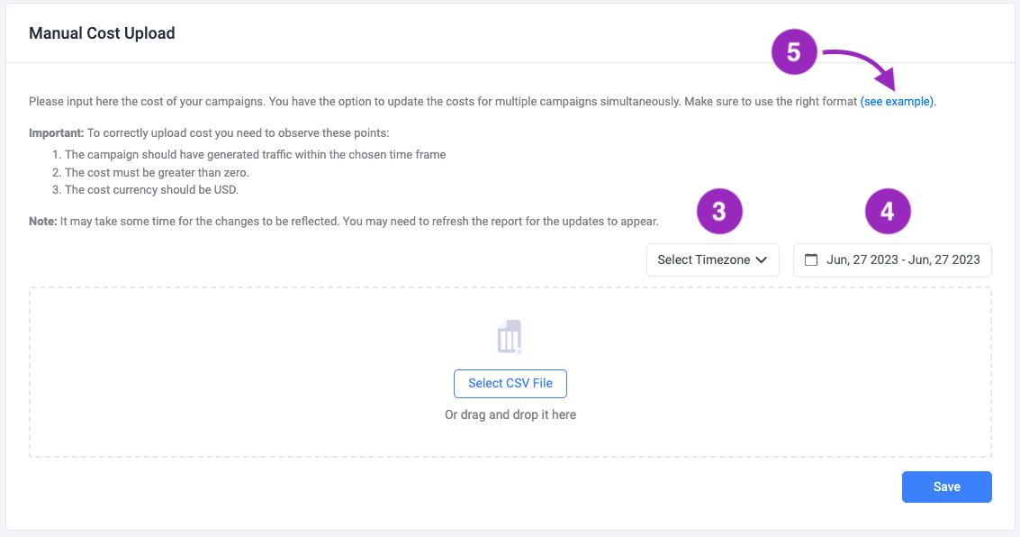 Click on See example to download the cost template CSV file
