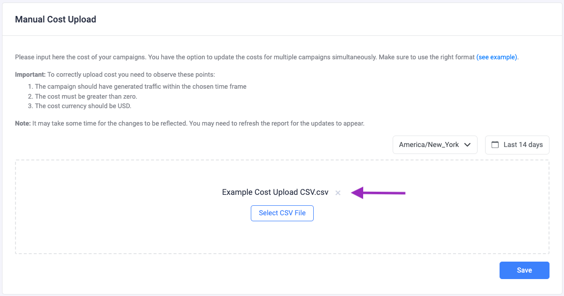 Find the CSV file, and drag and drop it into the Cost Upload window. If the file was uploaded correctly, the name…