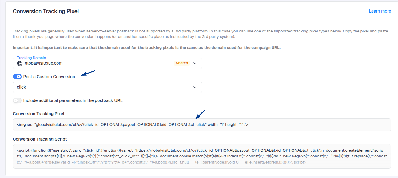 You can also report this conversion as a custom conversion by appending a ct parameter to the request