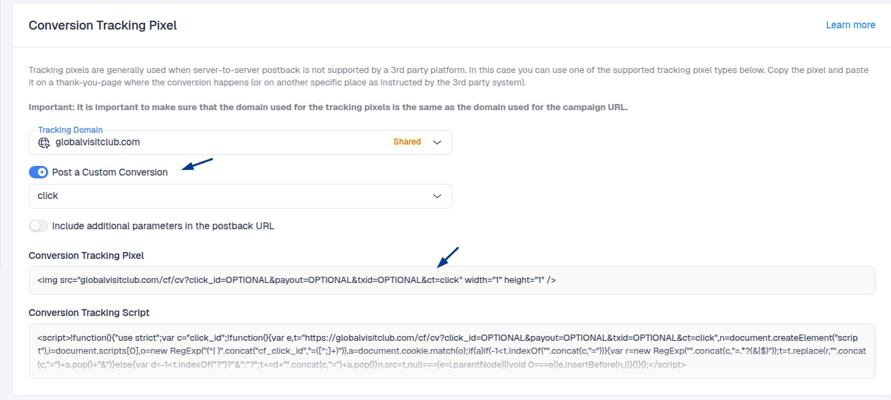 You can also report this conversion as a custom conversion by appending a ct parameter to the request