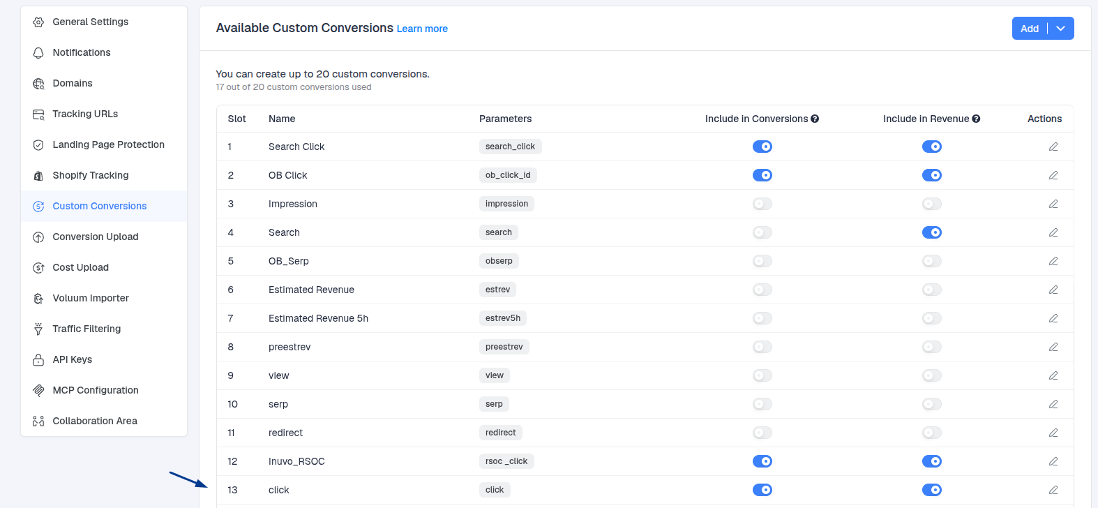 This will be logged in ClickFlare as Custom Conversion 13