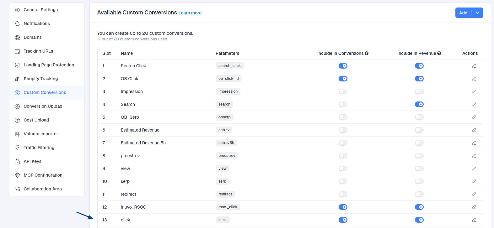 This will be logged in ClickFlare as Custom Conversion 13