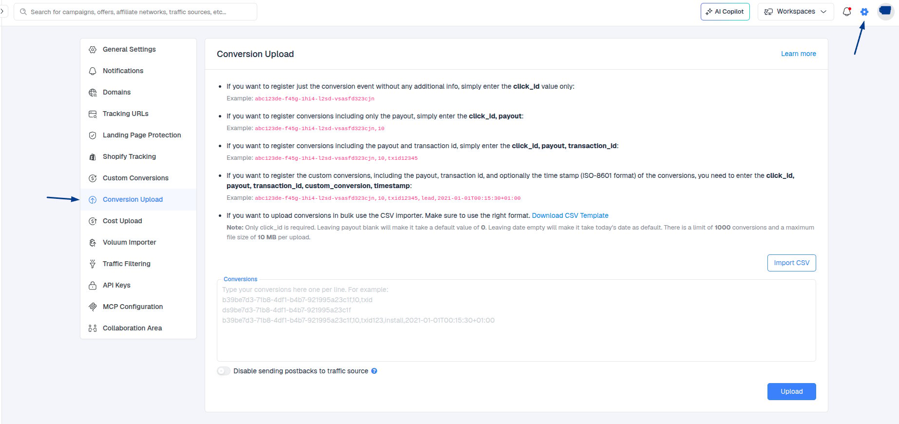 Select Conversion Upload (between Custom Conversions and Integrations)