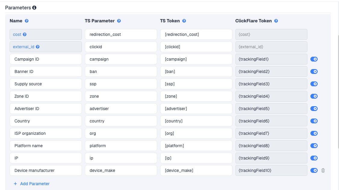 The Adcash template's Parameters table in ClickFlare, with Adcash's macros pre-filled