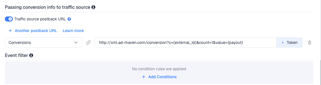 The Traffic source postback URL switched on, showing the AdMaven template's postback