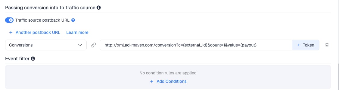 The Traffic source postback URL switched on, showing the AdMaven template's postback