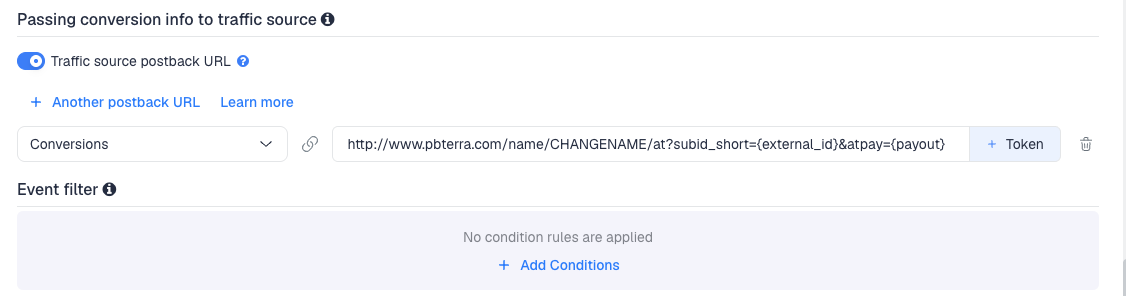 The Traffic source postback URL switched on, showing the Adsterra template's postback