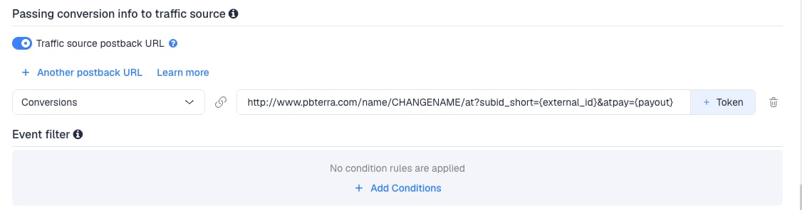 The Traffic source postback URL switched on, showing the Adsterra template's postback