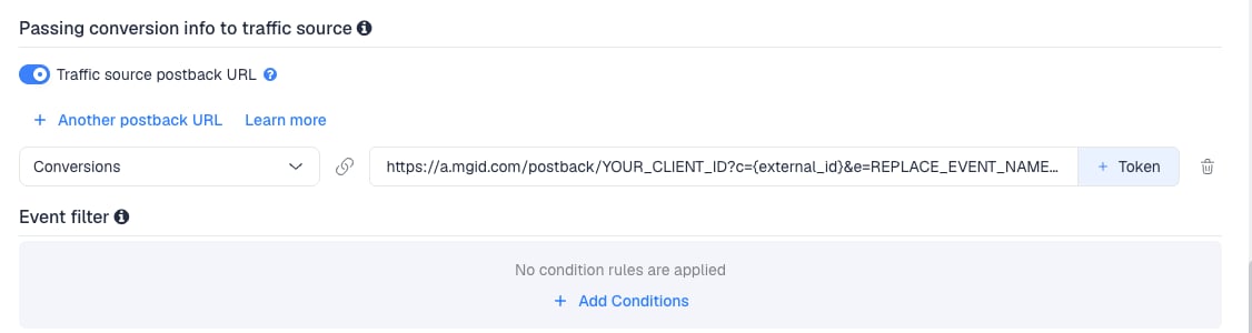 The Traffic source postback URL switched on, showing the MGID template's postback