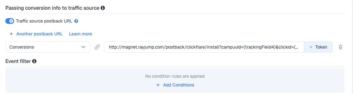 The Traffic source postback URL switched on, showing the Mintegral template's postback