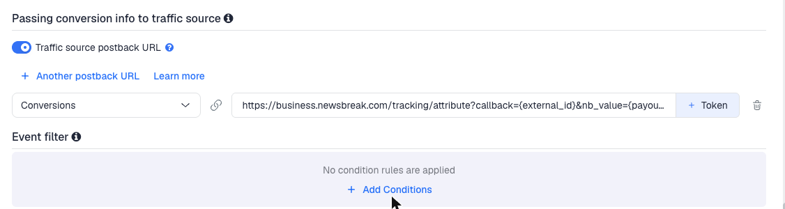 The Traffic source postback URL switched on, showing the NewsBreak template's postback