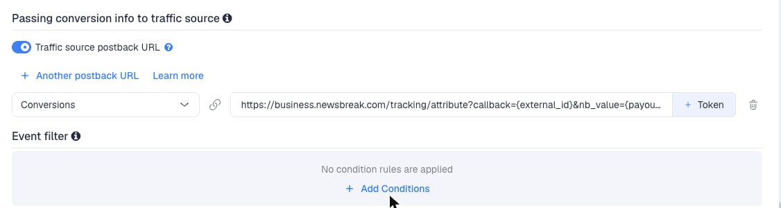 The Traffic source postback URL switched on, showing the NewsBreak template's postback