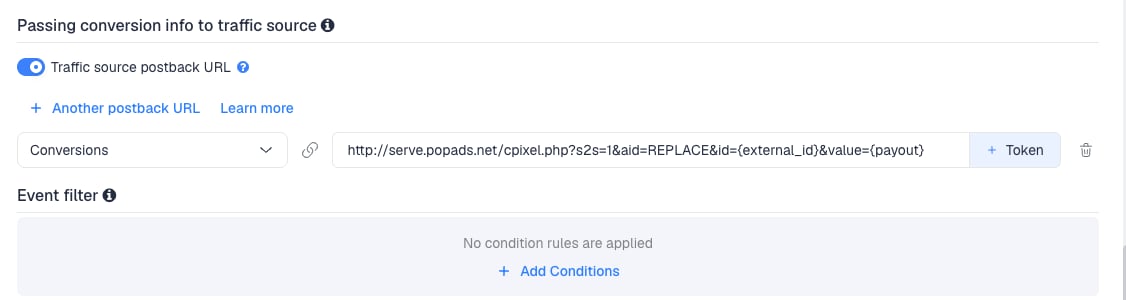 The Traffic source postback URL switched on, showing the PopAds template's postback
