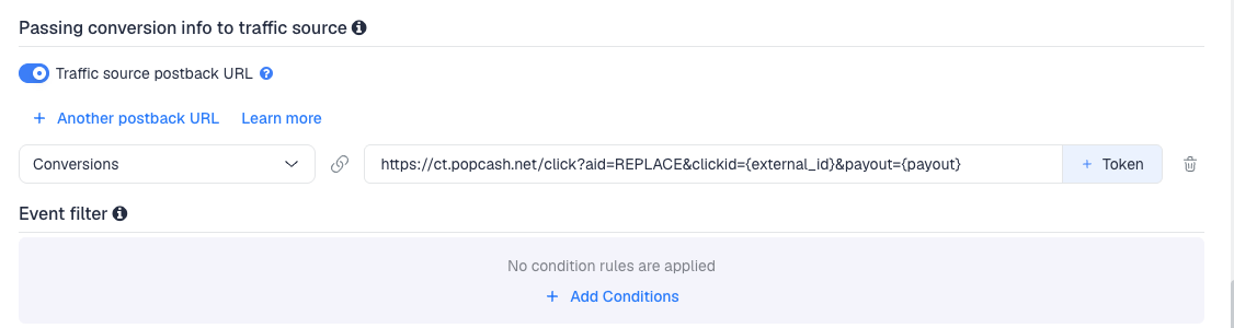 The Traffic source postback URL switched on, showing the PopCash template's postback