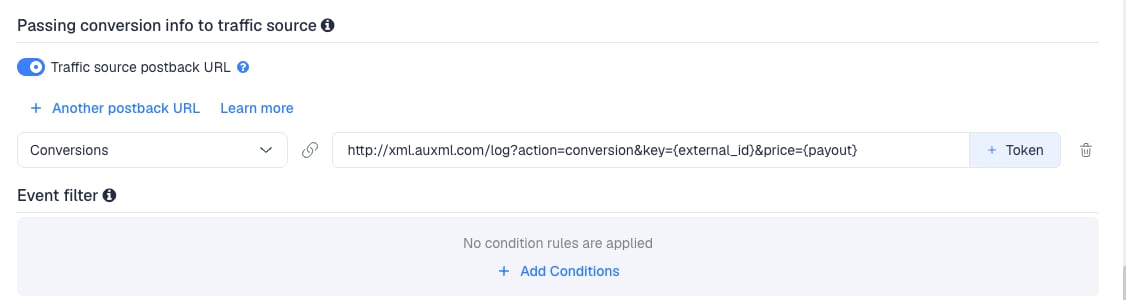 The Traffic source postback URL switched on, showing the RichAds template's postback