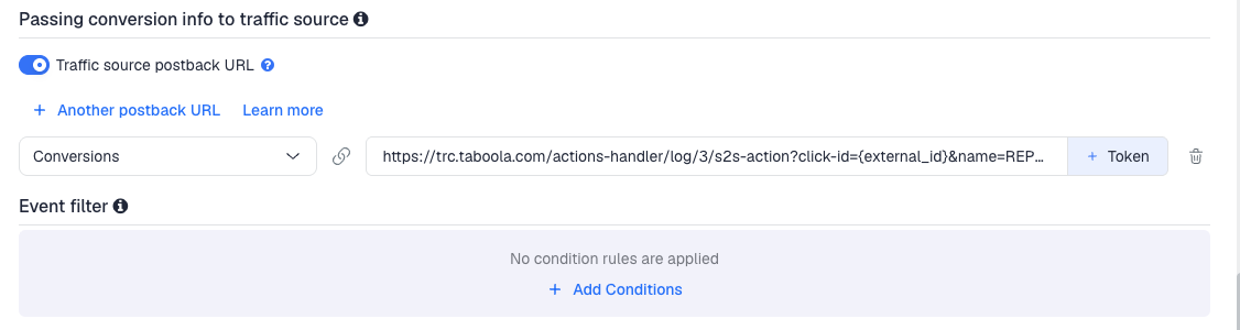 The Traffic source postback URL switched on, showing the Taboola template's postback