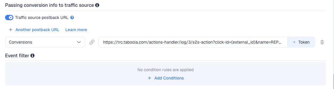 The Traffic source postback URL switched on, showing the Taboola template's postback